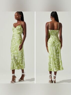 ASTR THE LABEL Mabel Strappy Satin Slip Dress in Celery Floral Retro Floral M